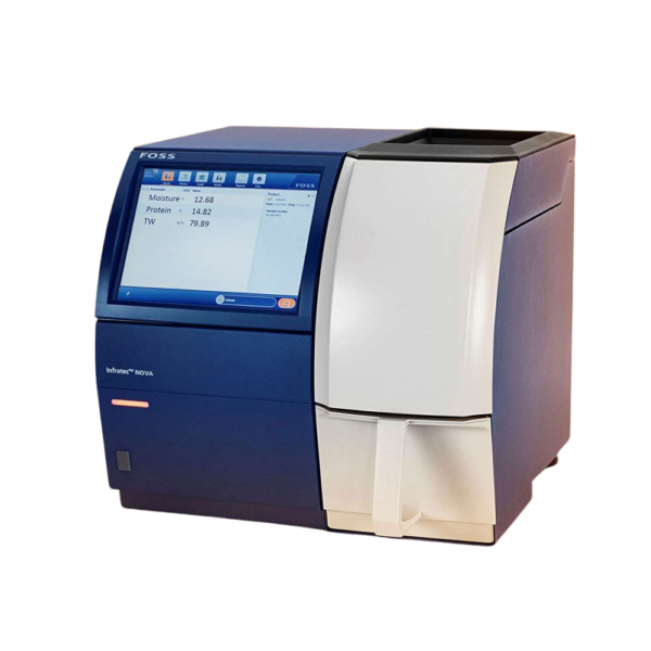 A FOSS analytical instrument with a blue and gray casing, featuring a touchscreen display showing data for moisture, protein, and TV value levels. This device has a sleek, modern design with sections designated for input and output, making it an efficient choice despite high laboratory equipment costs.