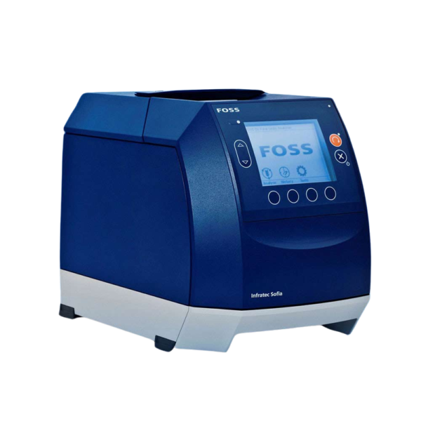 A sleek, modern blue FOSS analytical instrument with a digital display and several buttons, including an orange power button. The display screen shows the brand name "FOSS" and some icons beneath it. This device, comparable to medical equipment costs or PCR system costs, rests on a white surface.