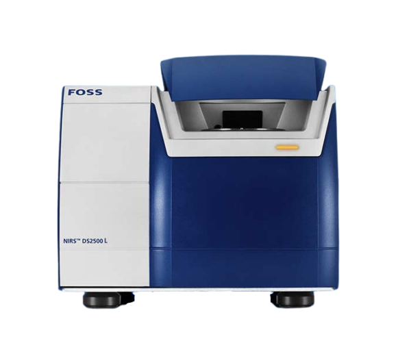 A blue and white laboratory instrument labeled "FOSS NIRS DS2500 L" with a rectangular shape. It features a small display screen and a prominent blue lid on top, resting on four black circular feet. This device, used for near-infrared spectroscopy, provides an affordable alternative to high thermocyclers cost.