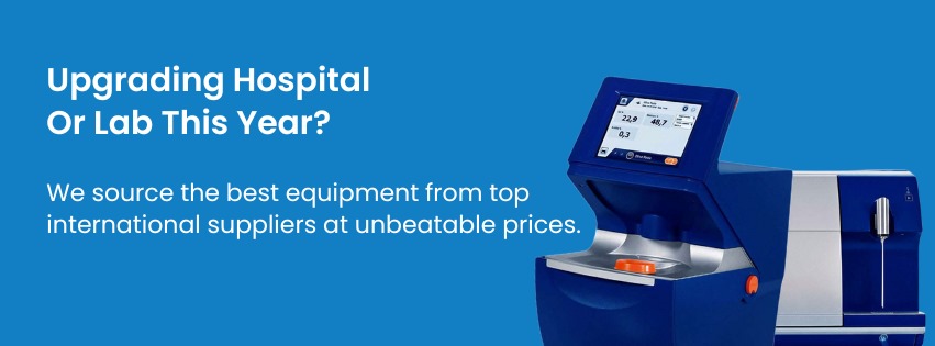 Image of a blue and silver medical or laboratory device with a digital screen against a blue background. Text on the left reads, "Upgrading Hospital Or Lab This Year? We source the best equipment from top international suppliers at unbeatable prices, including competitive PCR machine costs.