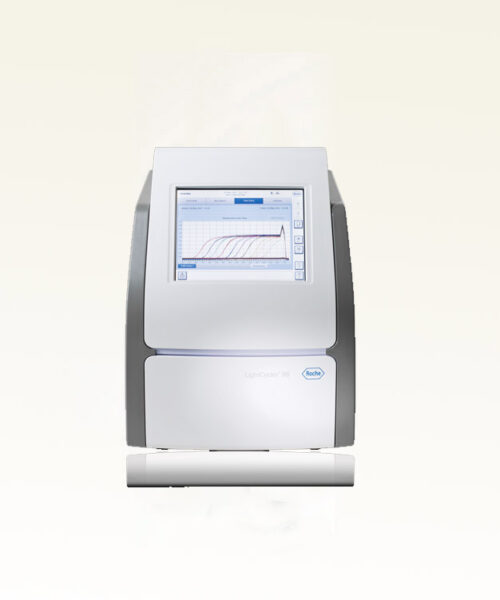 A LightCycler 96 real-time PCR system with a touchscreen displaying a graph. The device is predominantly white with a grey frame and features an open compartment below the screen. The logo "Roche" is discernible on the device's surface, making it a cost-effective choice among PCR machines.